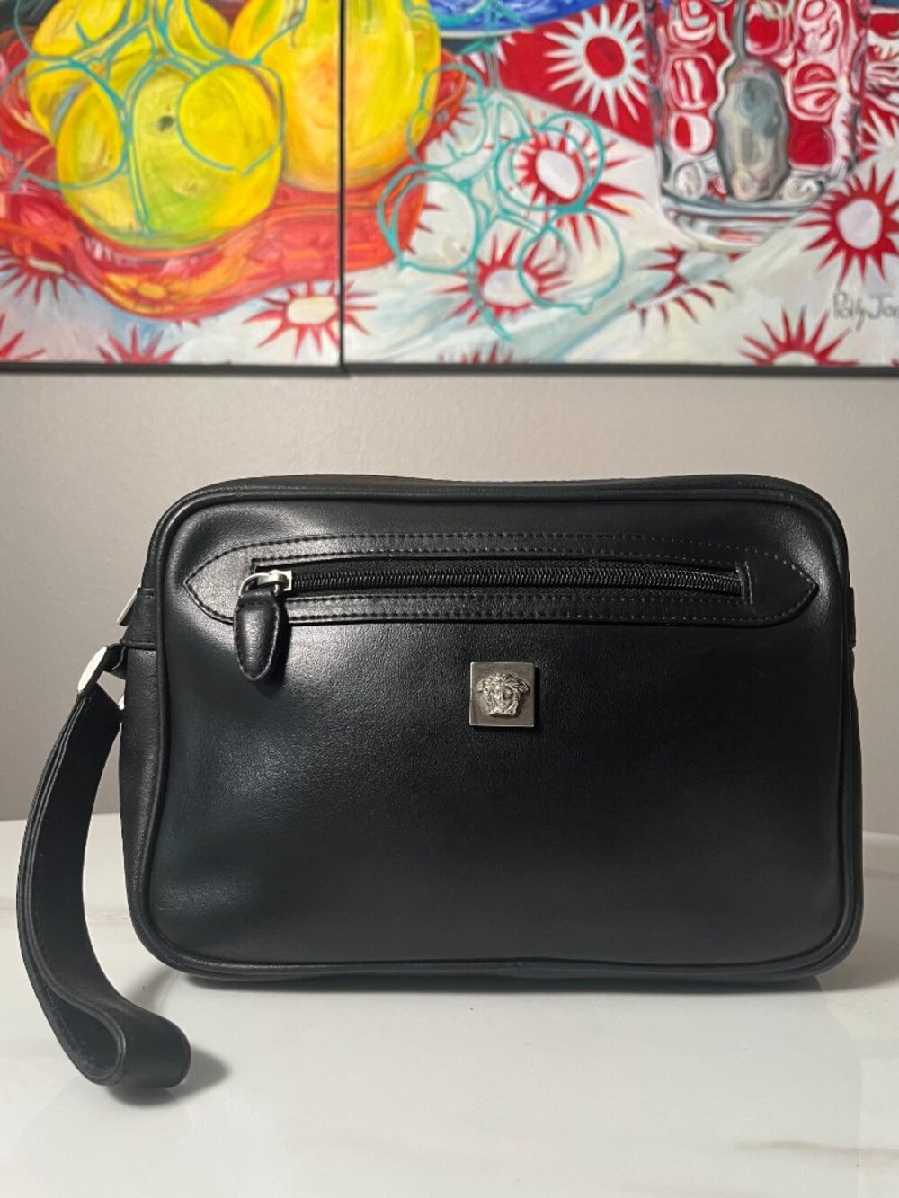 Gianni Versace 90s Black Calfskin Leather Medusa Wristlet Clutch